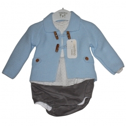 Made In  Spain Baby Boys Blue Grey Ivory Knitted 3 Piece Set