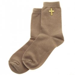 Gold Cross Decorated Boys Brown Communion Socks