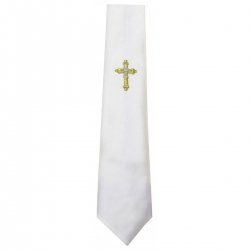 Boys White Communion Tie With a Gold Cross And Silver Chalice