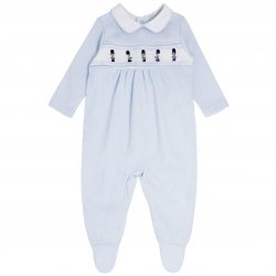Blues Baby Boys Blue Smocking Footed Romper Embroidered With Guards