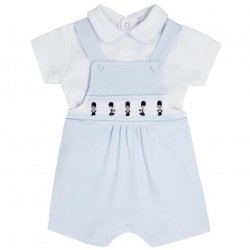 Blues Baby Boys Blue White Smocking Braces Romper Set Embroidered With Guards