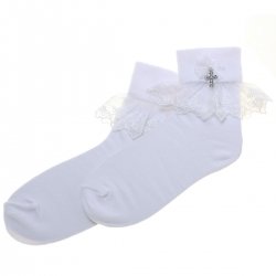 Girls White Communion Socks In Rose Lace And Bow With A Cross