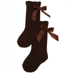 Carlomagno Knee High Dark Chocolate Brown Girls Socks With Satin Bows
