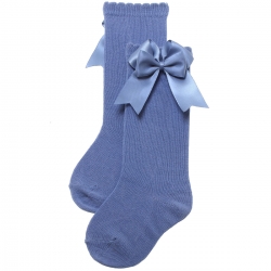 Double Bow Knee High Girls Dark Blue Socks
