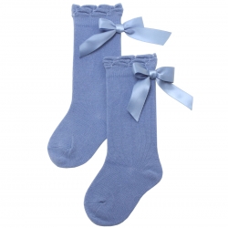 Carlomagno Girls Knee High Azure Blue Satin Bow Spanish Socks