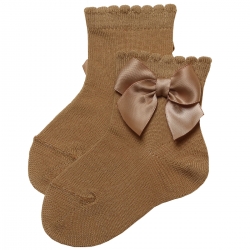Caramel Brown Ankle High Bow Socks For Girls