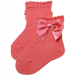 Girls Ankle High Spanish Coral Red Bow Socks