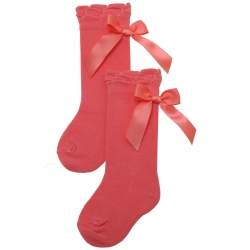 Carlomagno Coral Pink Colour Knee High Spanish Socks With Satin Bows By Carlomagno