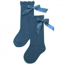 Carlomagno Girls Knee High French Blue Satin Bow Spanish Socks