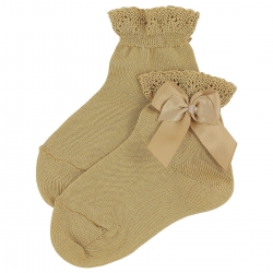 Girls Caramel Brown Ankle High Socks With Frills And Bows