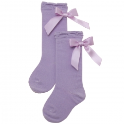 Carlomagno Girls Knee High Lilac Socks With Large Satin Bows At The Back