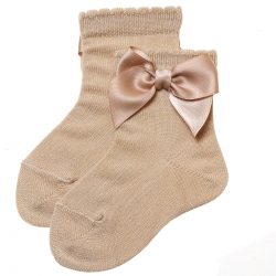 Tan Colour Ankle High Bow Socks For Girls