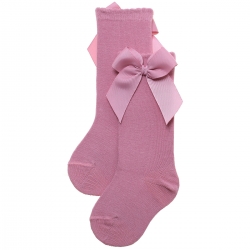 Knee High Gros Grain Bow Dusky Pink Socks For Girls