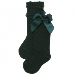 Girls Knee High Bottle Green Socks With Gros Grain Bows