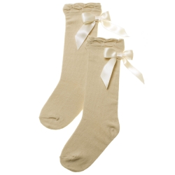 Carlomagno Biscuit Colour Knee High Socks With Satin Bows
