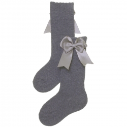 Carlomagno Girls Spanish Knee High Double Bow Light Grey Socks