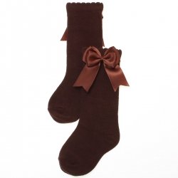 Spanish Girls Knee High Chocolate Brown Double Satin Bow Socks