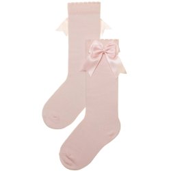 Girls Knee High Double Satin Bow Pink Socks