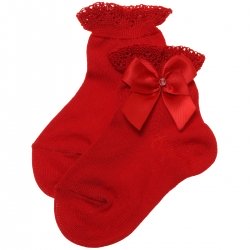 Girls Ankle High Red Socks With Frills And Bows