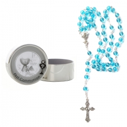 Blue Glass Rosary In A Round Silver Keepsake Photo Box First Communion Gift