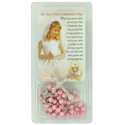 Pink Rosary And Token Card First Holy Communion Gift