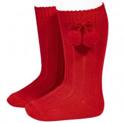 Condor Knee High Red Pom Pom Ribbed Socks