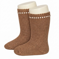 Condor Openwork Cuff Caramel Brown Cotton Knee High Socks