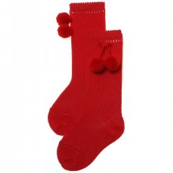 100% Cotton Knee High Red Pom Pom Socks
