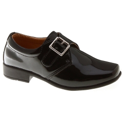 Velcro Fastening Buckle Decorated Boys Black Shoes In Patent