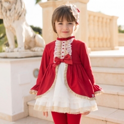 Dolce Petit Autumn Winter Girls Red Ivory Dress Caramel Lace Red Bow