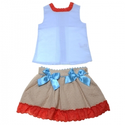 Dolce Petit Spring Summer Girls Blue Top Caramel Skirt Set