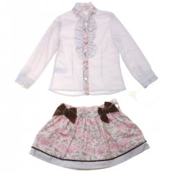 Dolce Petit Girls Light Grey Floral Blouse Pink Floral Skirt Set Chocco Bows 3 Years To 12 Years