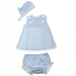 Dolce Petit Spring Summer Baby Girls Blue Dress Panties Bonnet Set