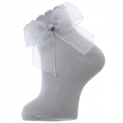 Light Grey Ankle Socks With Organza Double Bow