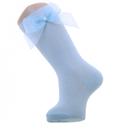 Spainish Dorian Gray Double Organza Bow Baby Blue Knee High Cotton Socks