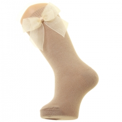 Spainish Dorian Gray Dark Tan Colour Knee High Socks With Organza Double Bow
