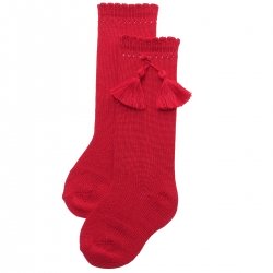 High Cotton Content Knee High Red Socks With Tassels