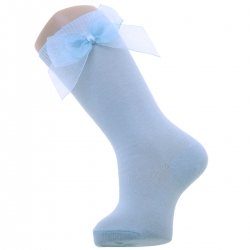 Double Organza Bow Baby Blue Knee High Cotton Socks