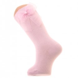 Pink Knee High Socks With Organza Double Bow
