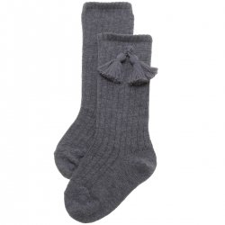 Grey Knee High Ribbed Socks With Tassels For Boys And Girls
