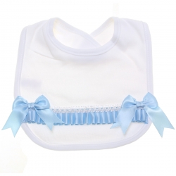 Baby Soft Cotton White Bib With Blue Bows Blue Ribbons
