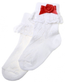 Frilly lace cotton rich socks with red bow and red rosebud