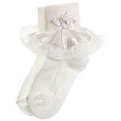 girls frilly white socks white satin lace with rosebuds