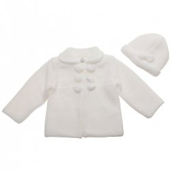 Baby White Knitted Coat With Hat Decorated by Pom Pom