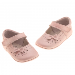 Hand Made Baby Girls Pink Pram Shoes With Bow And Flowers