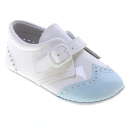 Baby Boy White Blue Patent Brogue Pram Shoes