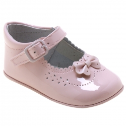 Baby Girls Pink Patent Pram Shoes Scallop And Bow