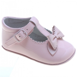 Spanish Leon Baby Girls T Bar Pink Patent Bow Shoes Scallop And Bow