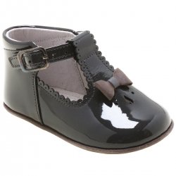 Baby Girls Dark Grey Patent T Bar Shoes Scallop And Bow
