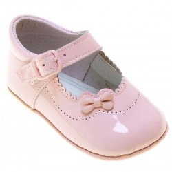 Baby Girls Pink Patent Pram Shoes With Flowers